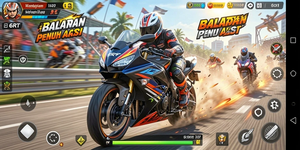 Tampilan gameplay balapan motor yang menantang dan mendebarkan.
