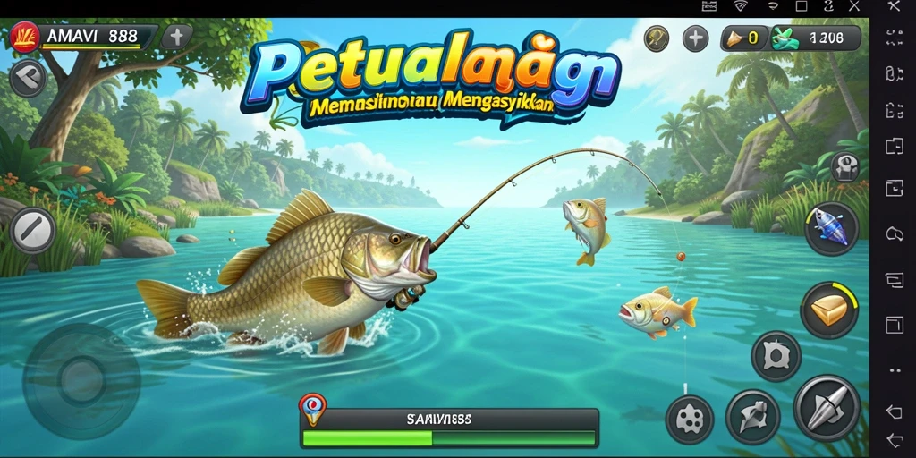 Screenshot gameplay AMAVI88 menampilkan aksi memancing yang menegangkan.