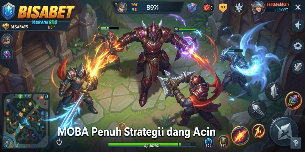 Tampilan gameplay MOBA yang seru dan penuh aksi.