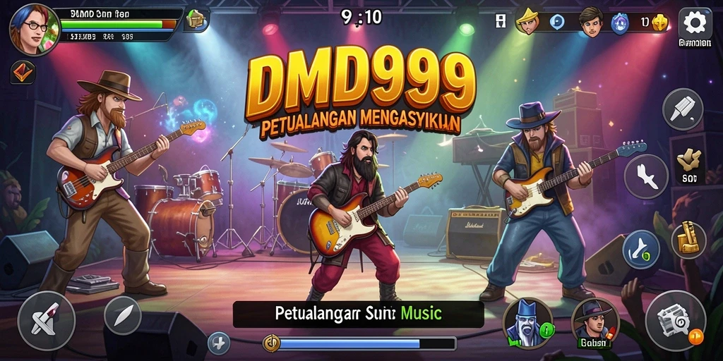 Screenshot gameplay DMD999 menampilkan pemain yang sedang asyik berlatih alat musik.