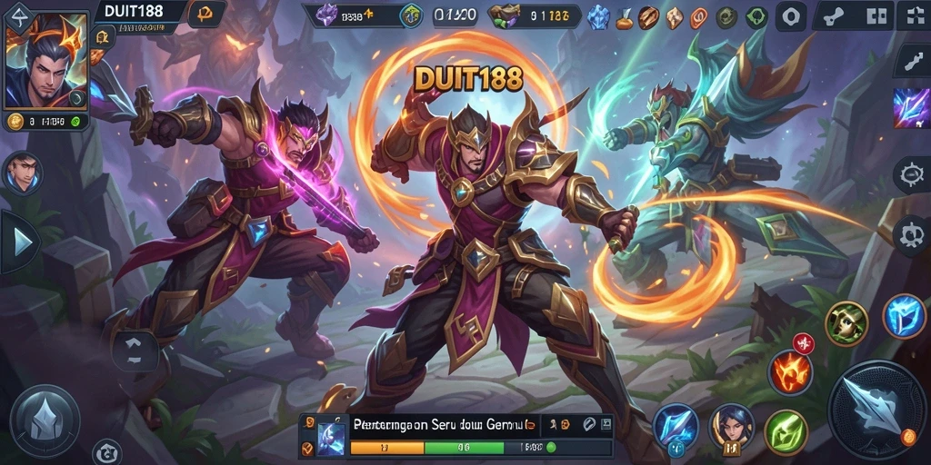 Screenshot utama gameplay DUIT188 dengan aksi seru di arena MOBA.