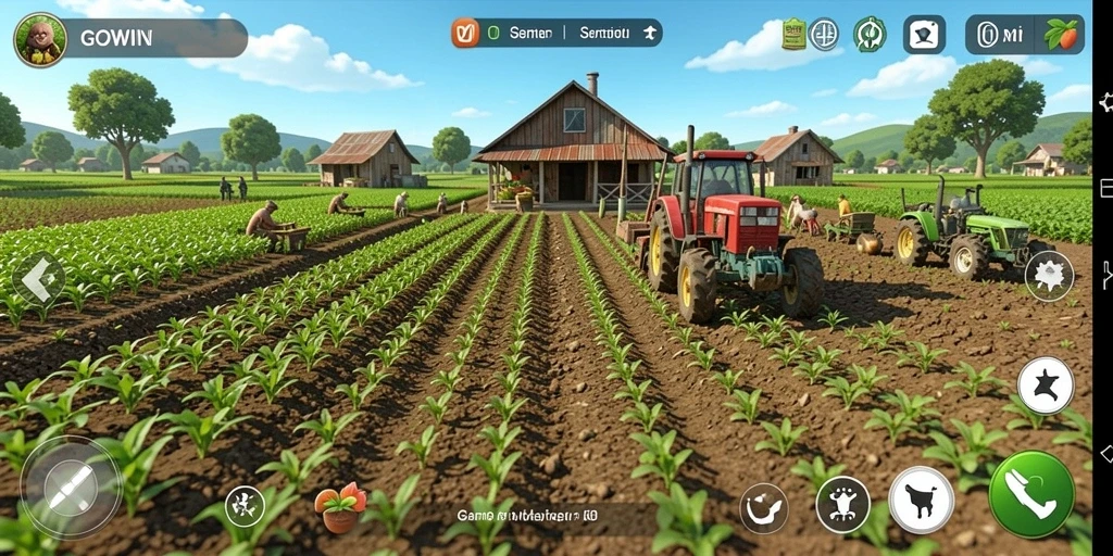 Screenshot gameplay GOWIN menampilkan aktivitas pertanian yang seru.