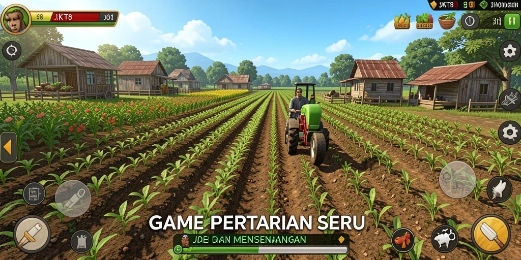 Tampilan gameplay seru dari JKT8 dengan aktivitas bertani.