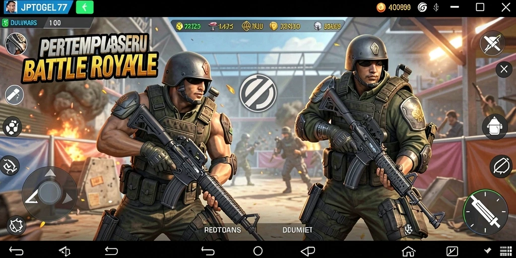 Screenshot gameplay <strong>JPTOGEL77</strong> dengan aksi pertempuran intens di arena Battle Royale.