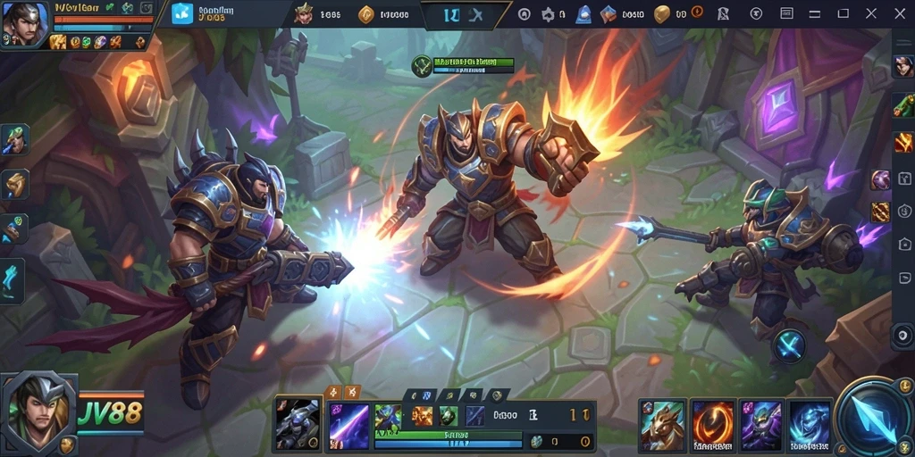 Tangkapan layar gameplay JV88 dengan aksi pertempuran seru di arena.