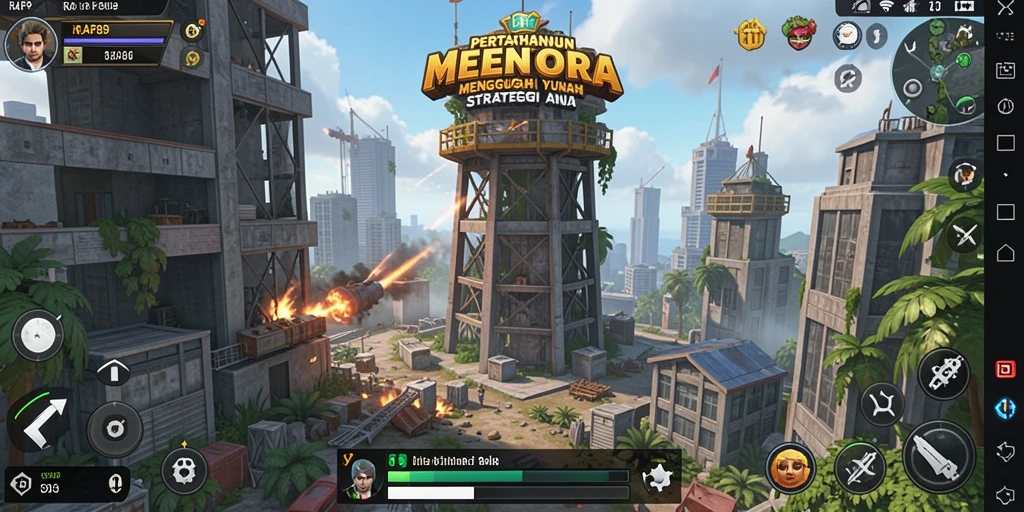 Screenshot utama menunjukkan pertarungan intens dalam Tower Defense.